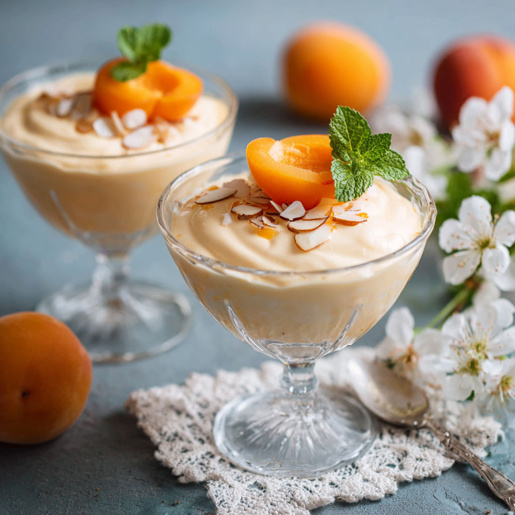 Desserts in glasses with a peach garnish, one of them is a mousse.