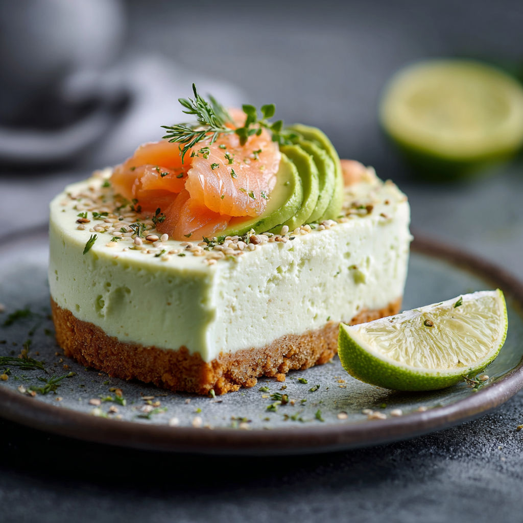 Une tarte aux avocats et saumon, accompagnée d'un citron vert.