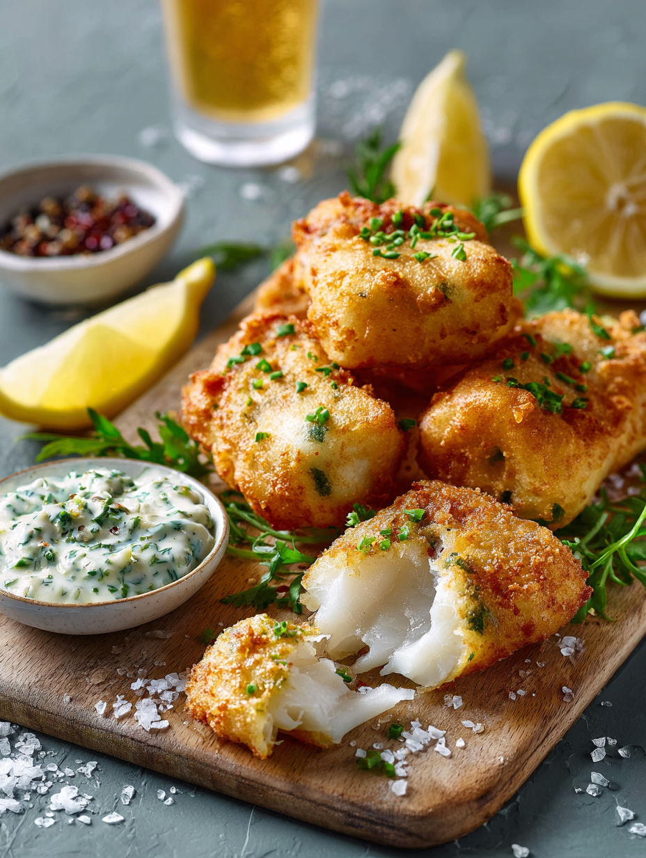 Une recette de poisson frit avec une sauce et des légumes.