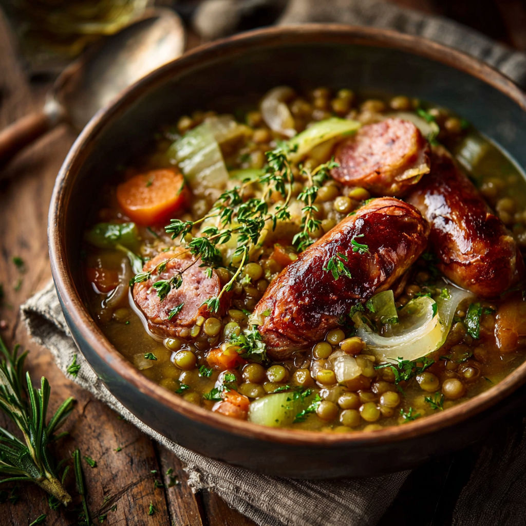 Une soupe de légumes et de viande, avec des carottes, des pois, des épinards et des chorizos, est servie dans un bol en terre.