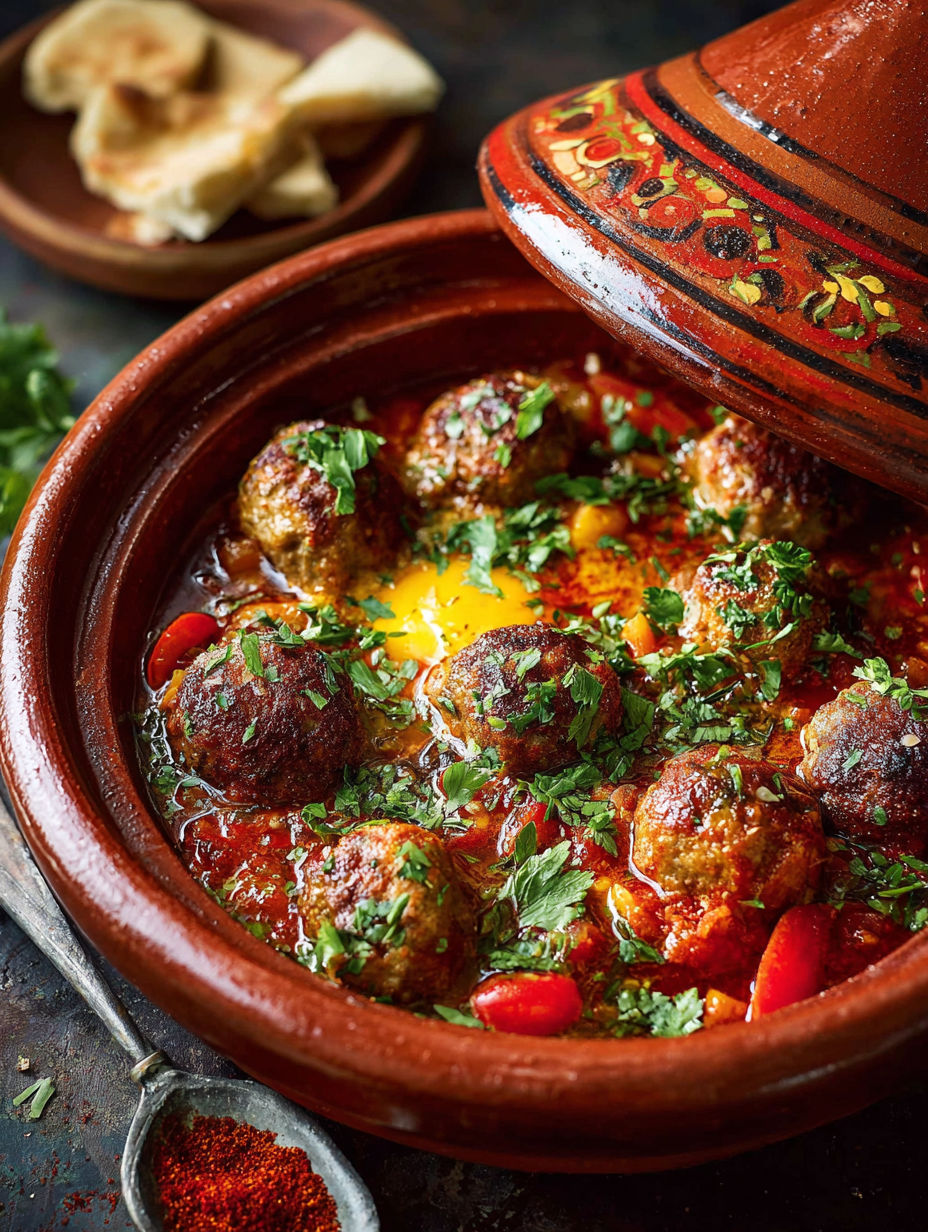 Une casserole de boulettes de viande avec des légumes et une omelette.