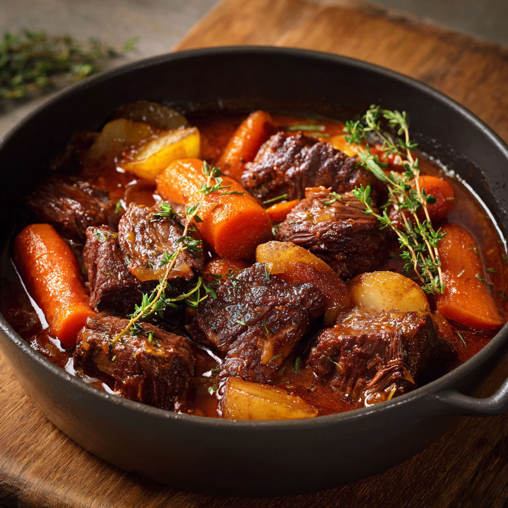 Un plat de bœuf braisé avec des carottes et des herbes.