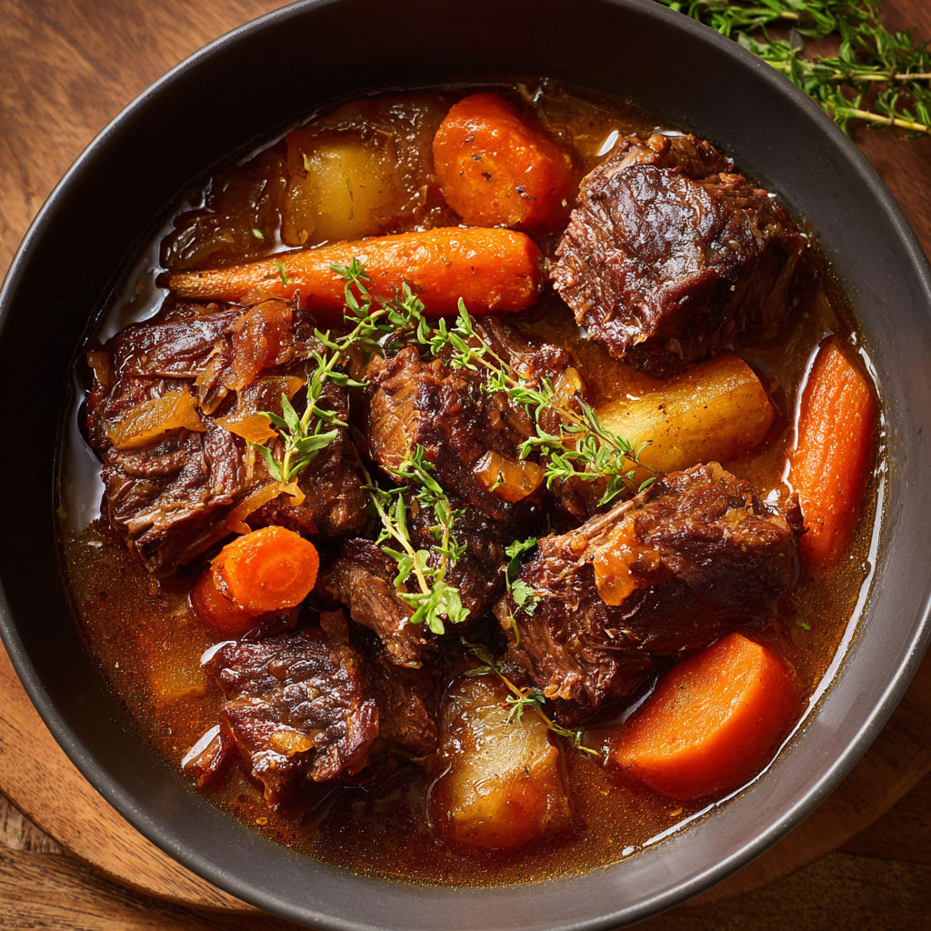 Un pot de viande de boeuf avec des carottes et des herbes.