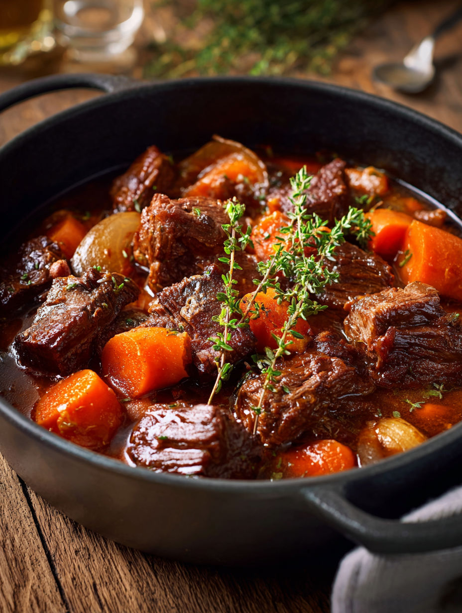 Une recette de stew avec des carottes, des herbes et des viande de boeuf.