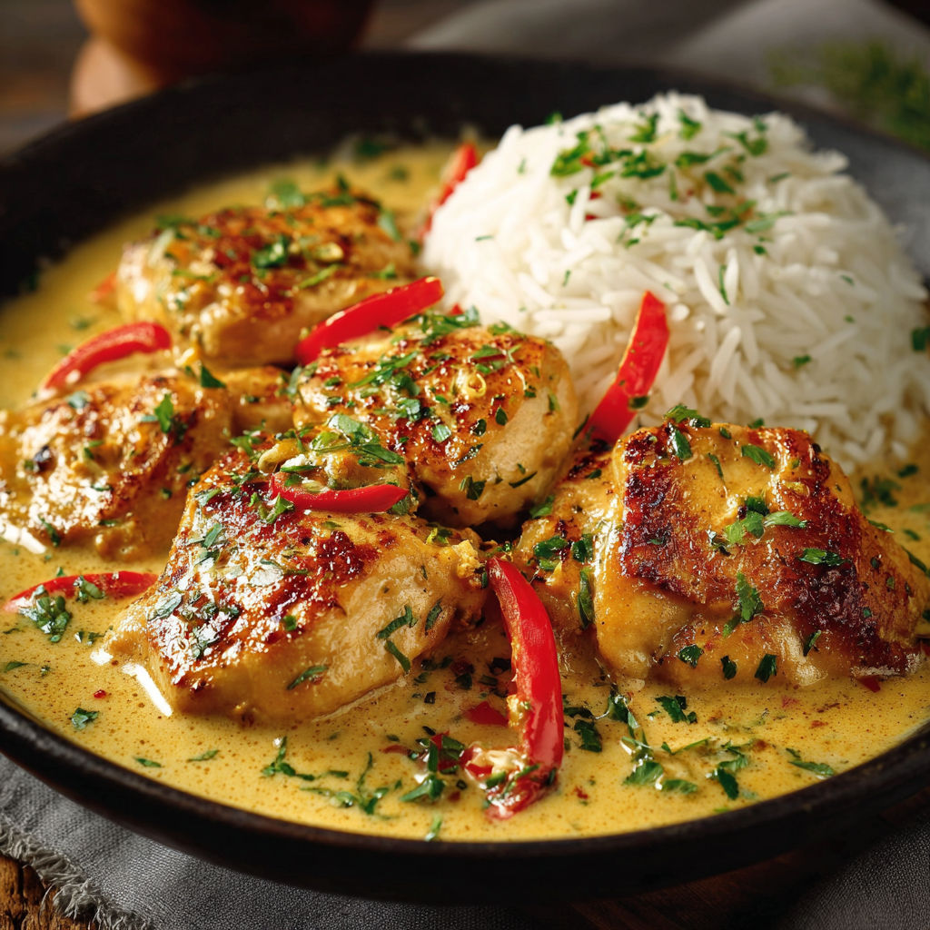 Poulet en sauce au curry avec des légumes verts.