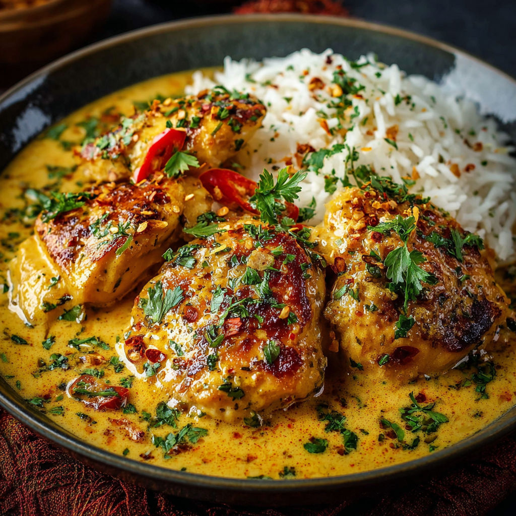 Un curry de poulet avec des légumes et des riz.