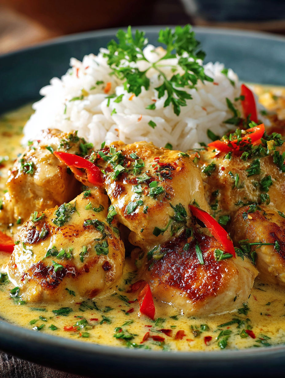 Une recette de poulet grillé avec des herbes et des riz.