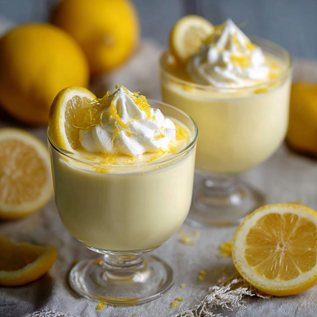 Desserts à la mode de citron et de crème, présentés dans des verres en cristal, accompagnés de citrons frais.