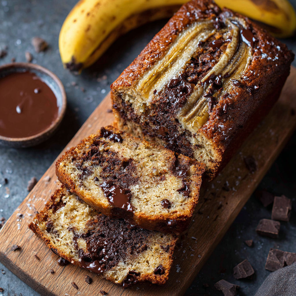 Une portion de gâteau de banane et chocolat, avec une cuillère de chocolat fondu sur le dessert.