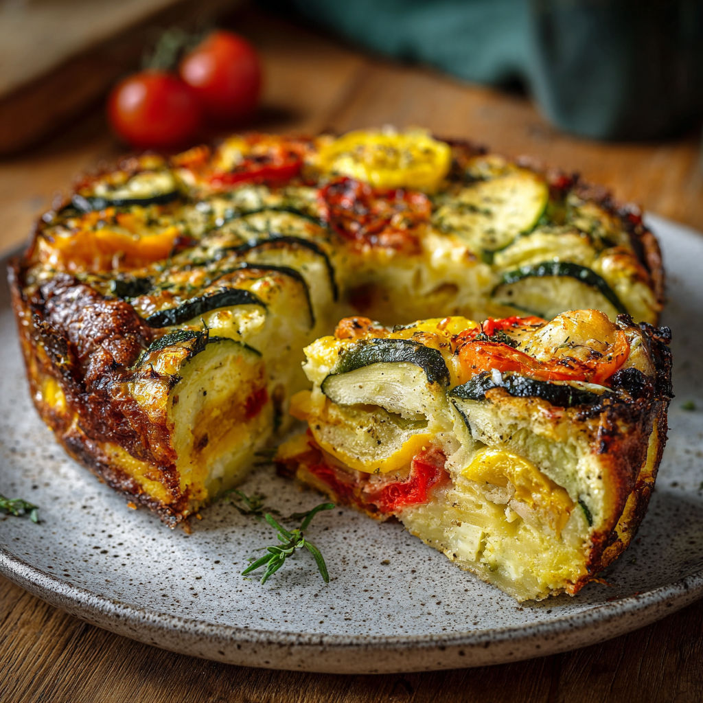 Une tarte aux courgettes et aux tomates, prête à être servie, sur un plateau.