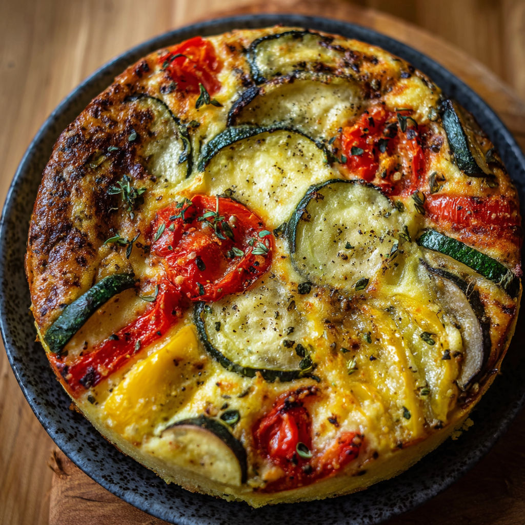 Une tarte aux légumes colorés, avec des tomates, des courgettes et des aubergines, est servie sur un plateau.