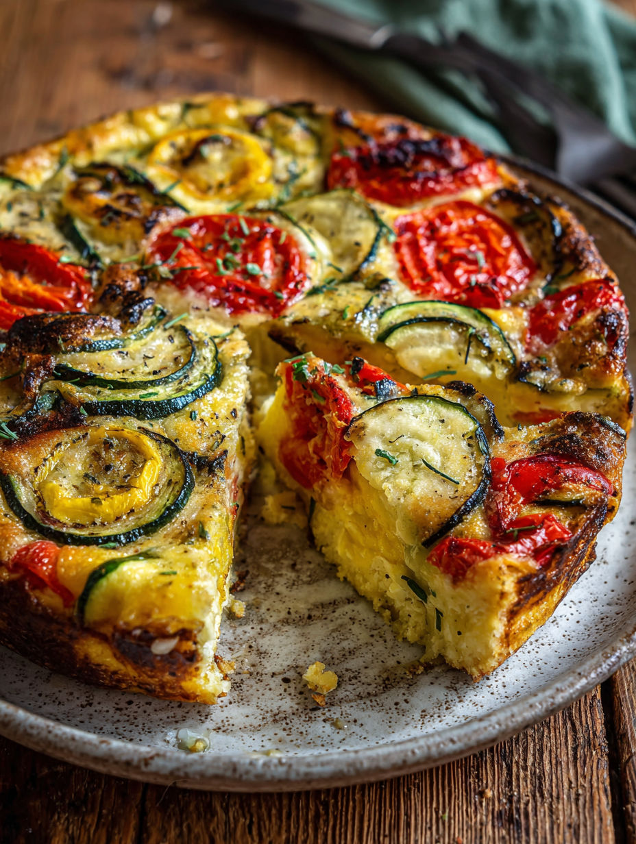 Une tarte aux légumes, avec des tomates, des courgettes et des aubergines, est servie sur un plateau.