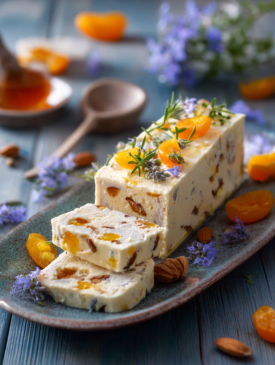 Une barquette de glace au citron et à la menthe, avec des noix et des oranges.