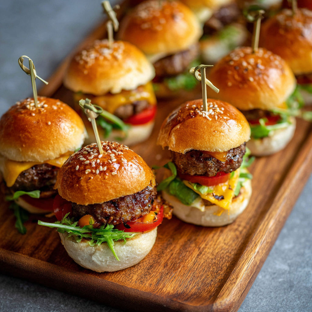Une plaque contenant des mini burgers avec des légumes et des tomates.