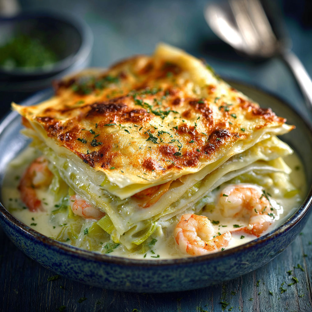 Une recette de Lasagnes est servie dans un bol bleu.