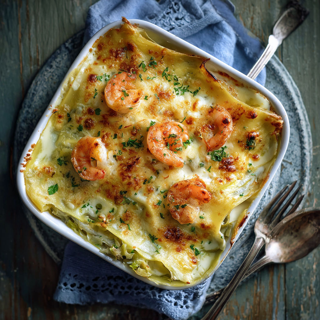 Un plat de lasagnes avec des crevettes et des herbes.