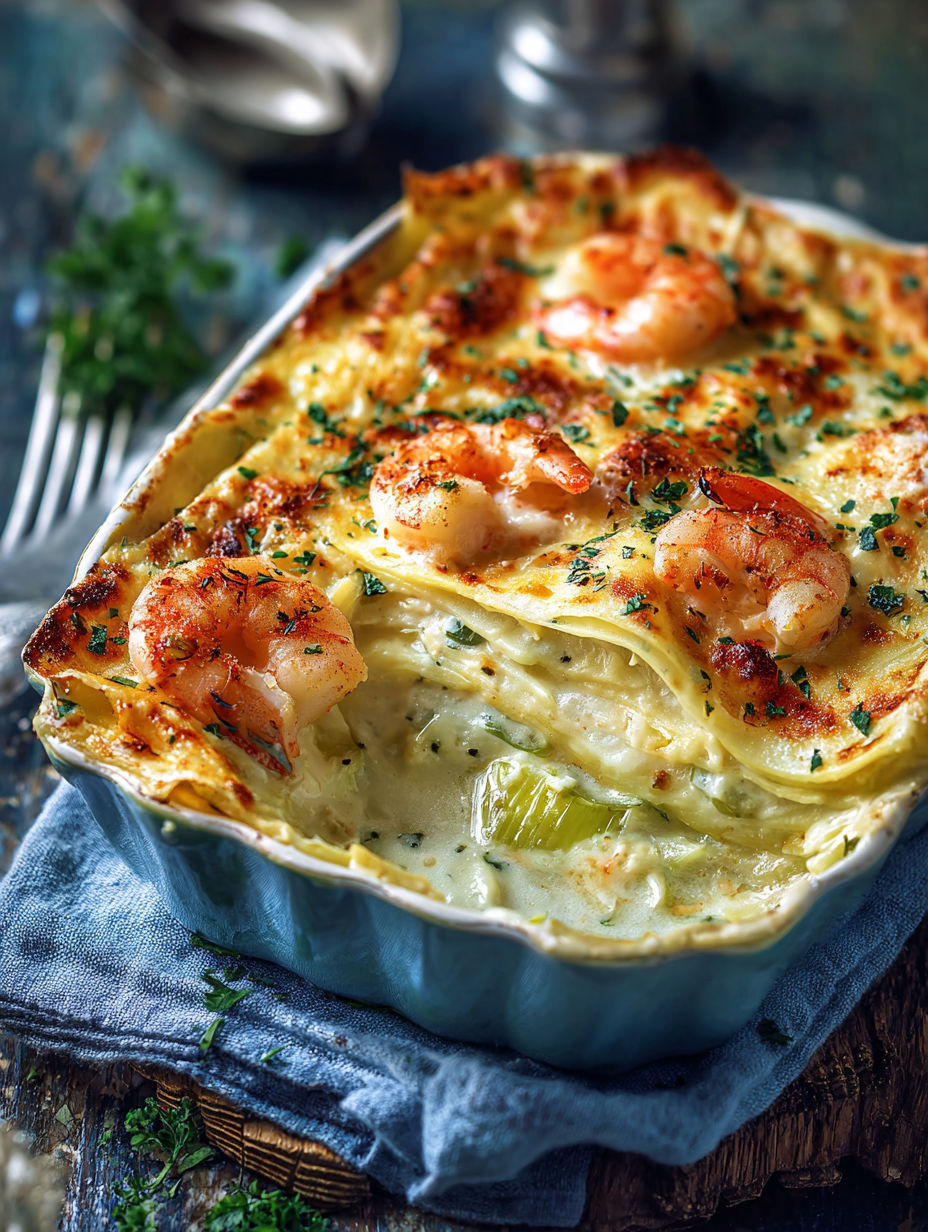 Un plat de lasagna au shrimp et aux légumes, prêt à être servi.
