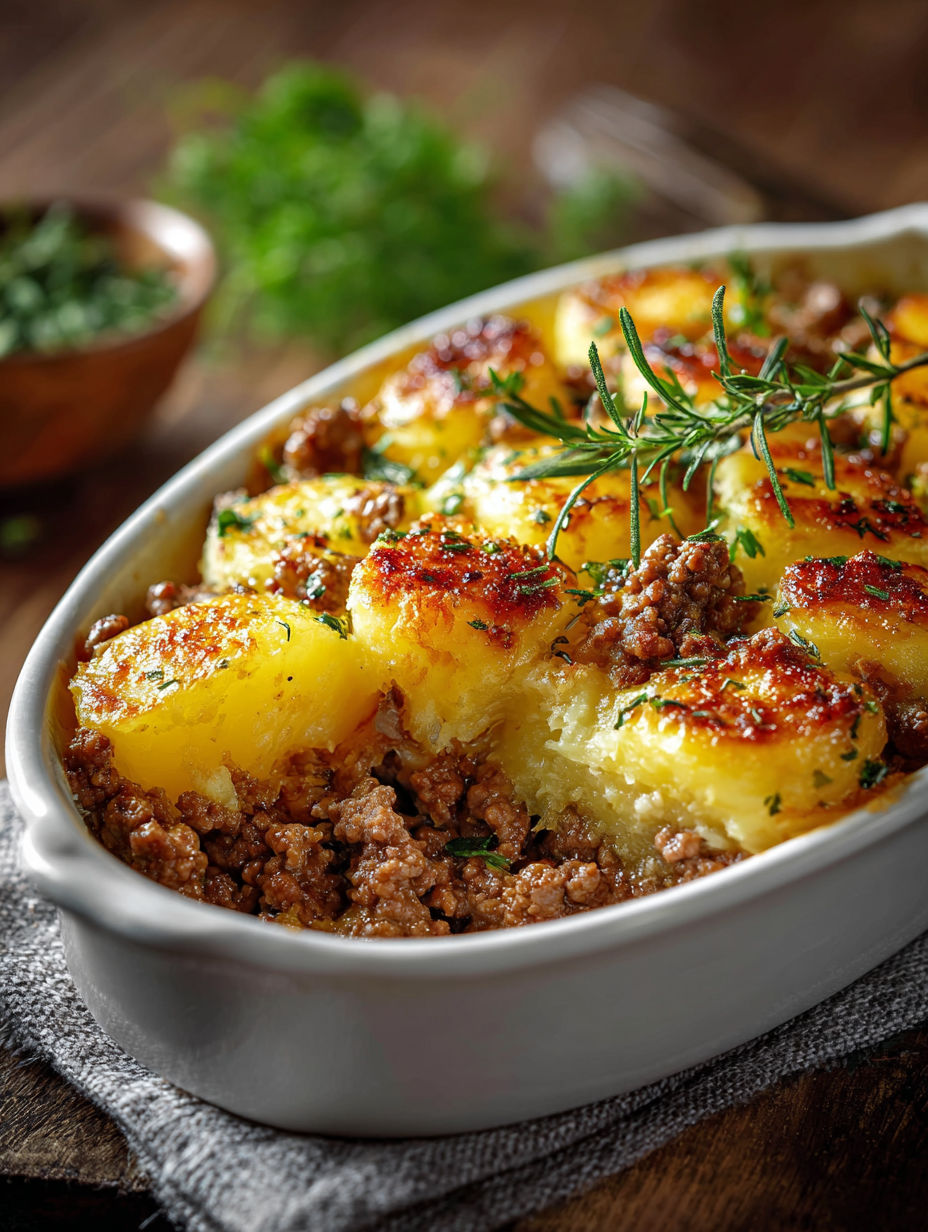 Une recette de casserole de pomme de terre et viande, servie dans un bol blanc.