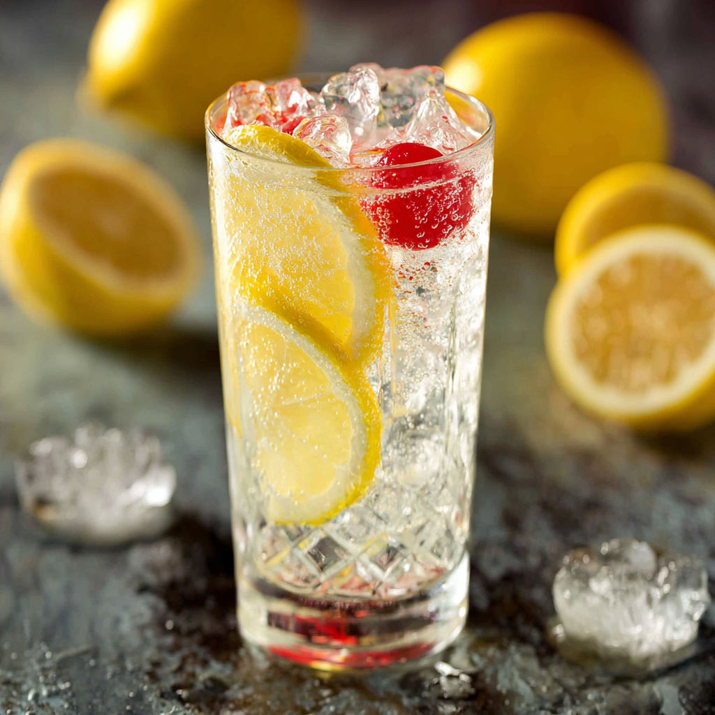 Une tasse de glace avec des citrons et des cerises, accompagnée de citrons et de cerises.