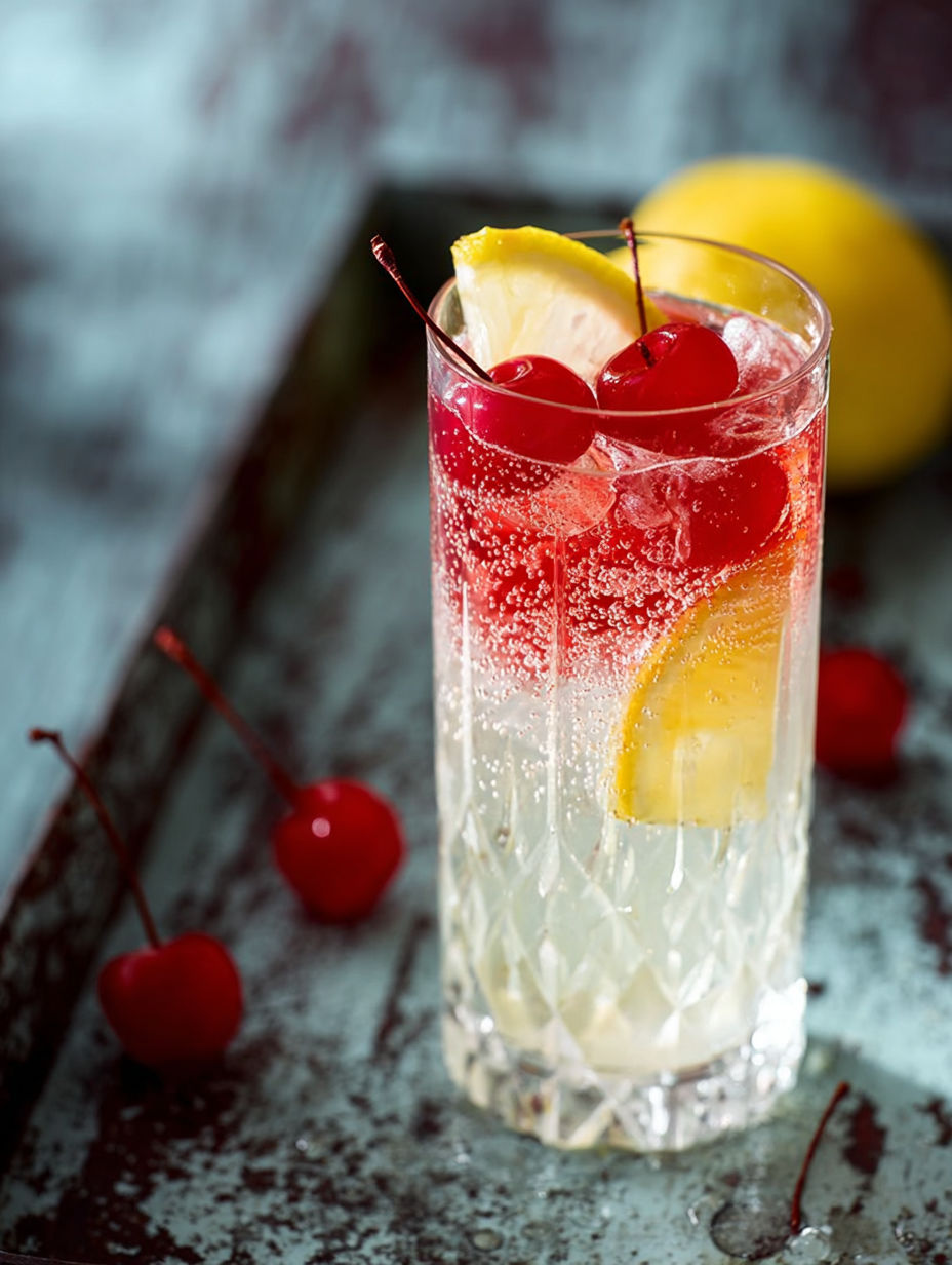 Une boisson garnie de cerises et d'oranges, avec une touche de jus de citron.