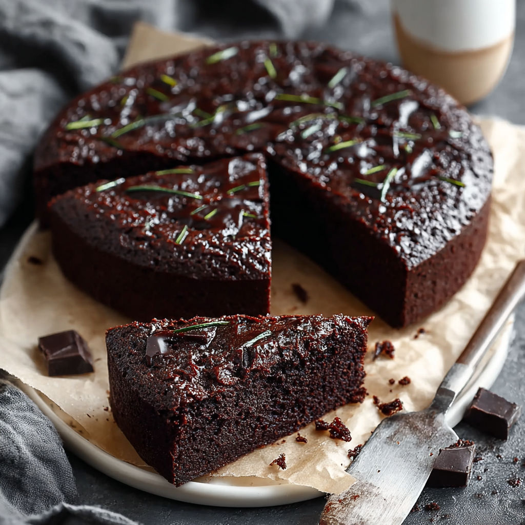 Une tarte chocolat avec des herbes et des chocolats.
