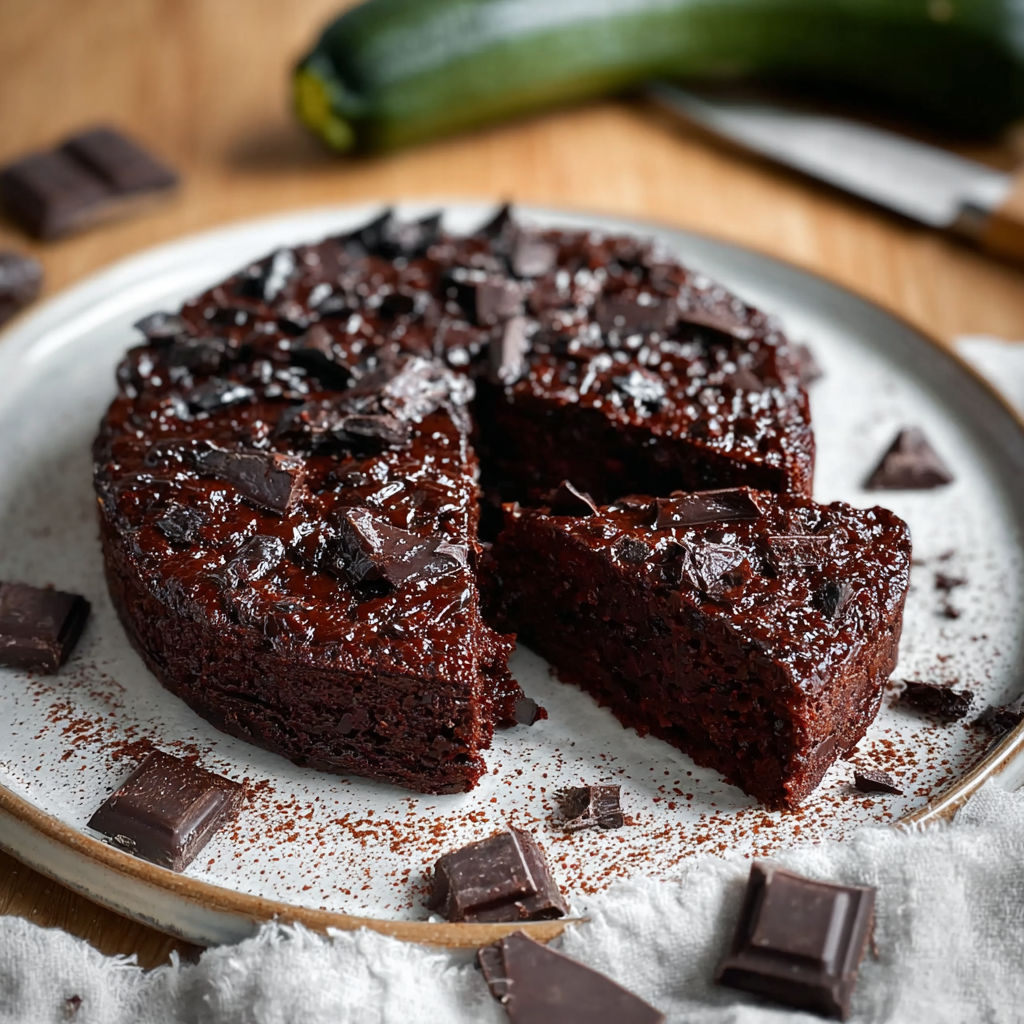 Une tarte chocolatée est servie sur un plateau avec des morceaux de chocolat et des légumes verts.