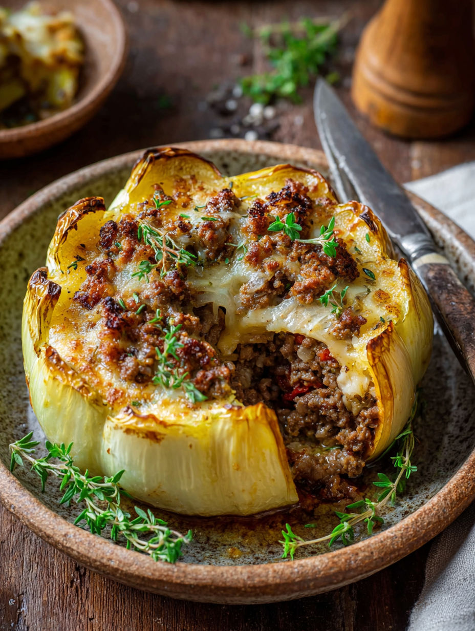 Une poire farcie de viande et herbes, avec une fourchette et un bol de sauce.