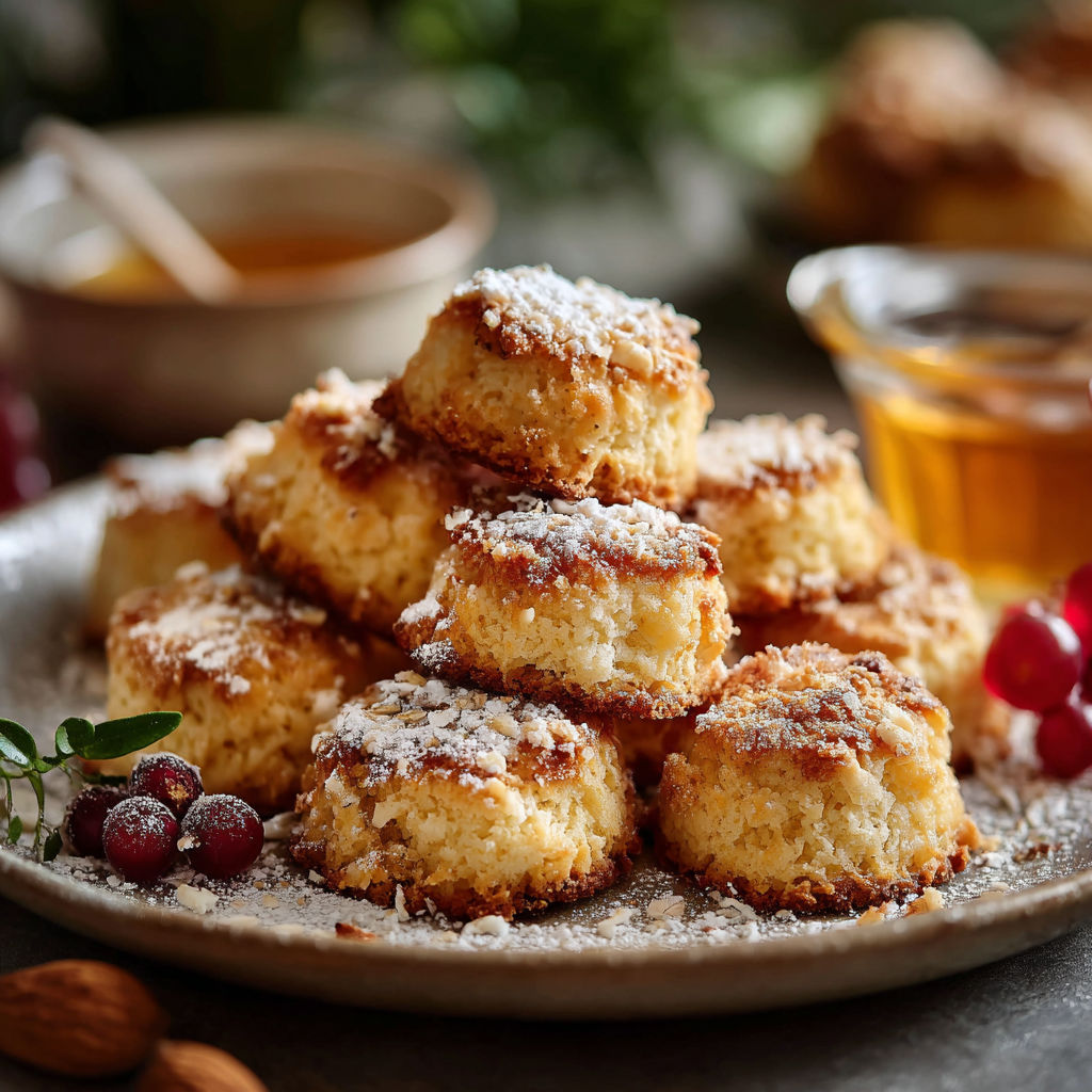Une pile de Leckerlis Moelleux, garnis de fruits rouges, est servie sur un plateau.