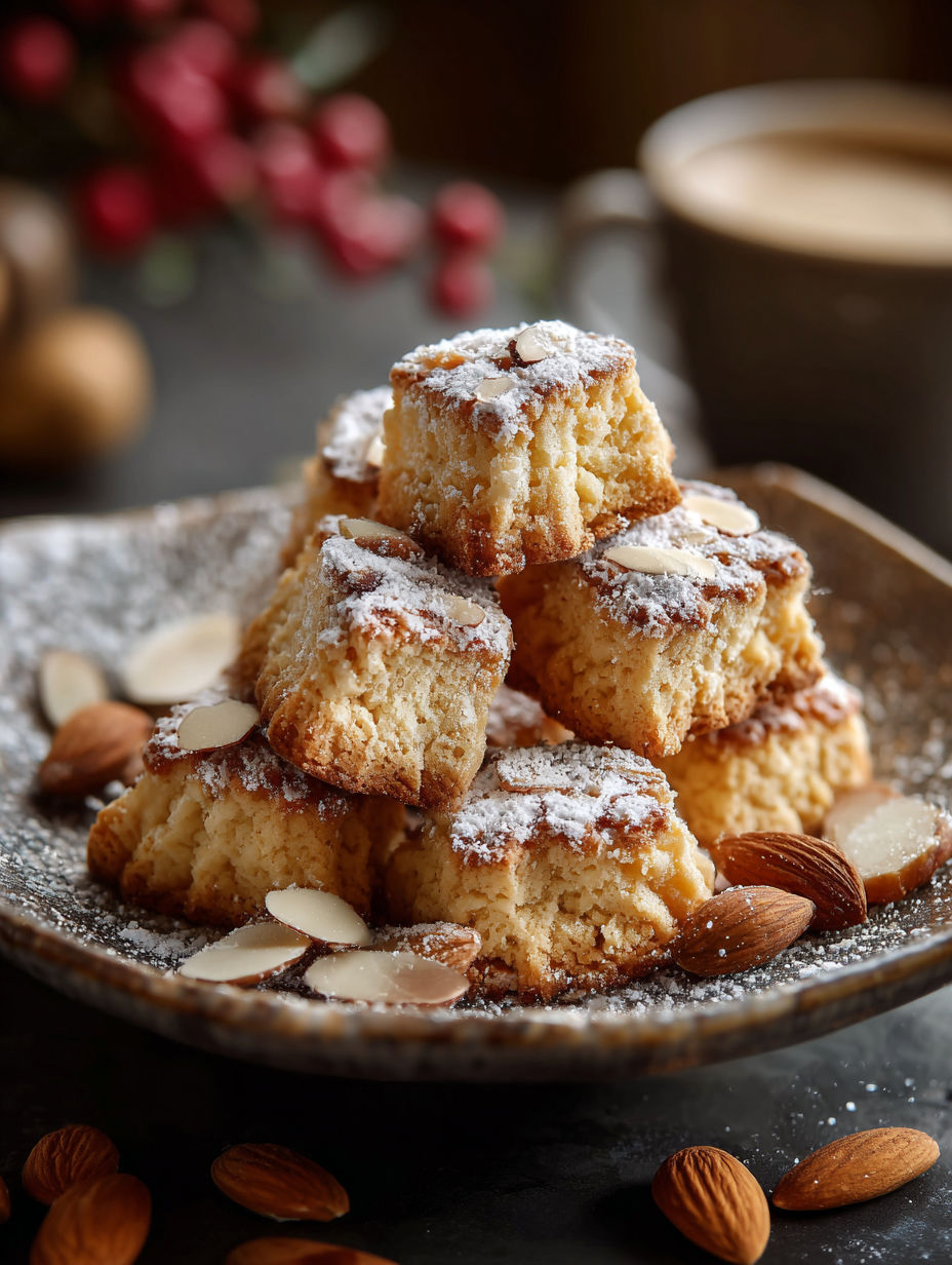 Une pile de petits gâteaux de riz et de noix, recouverts de sucre et de graines de noix, sur un plateau.