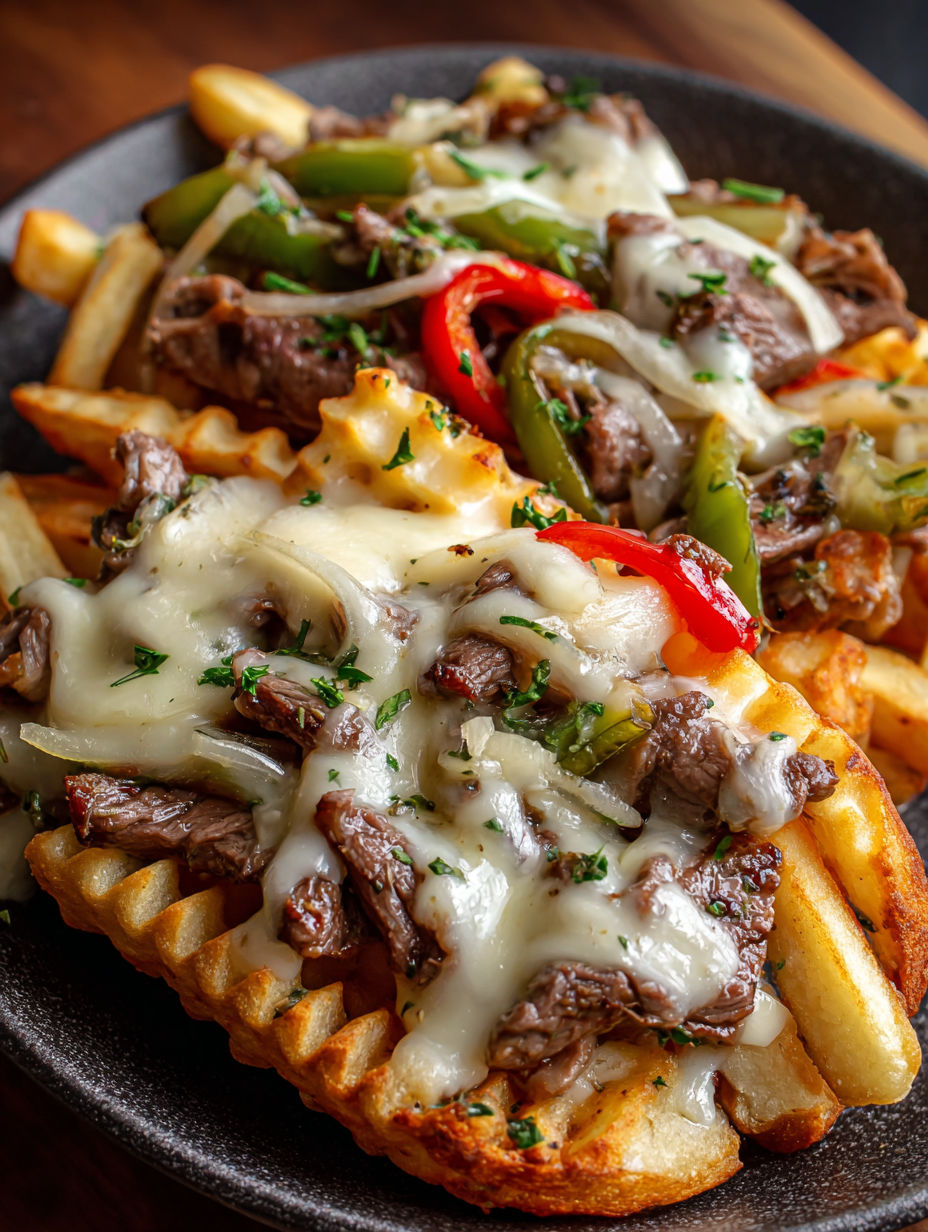 Une pile de frites maison avec des sauces et des légumes, accompagnée d'un steak grillé.
