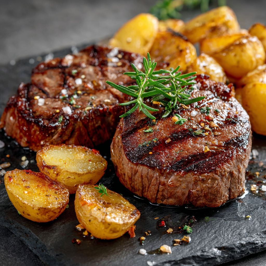 Une viande de boeuf grillée avec des pommes de terre et des herbes.