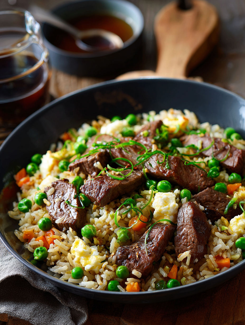 Une recette de riz et de viande avec des légumes verts et des épices.