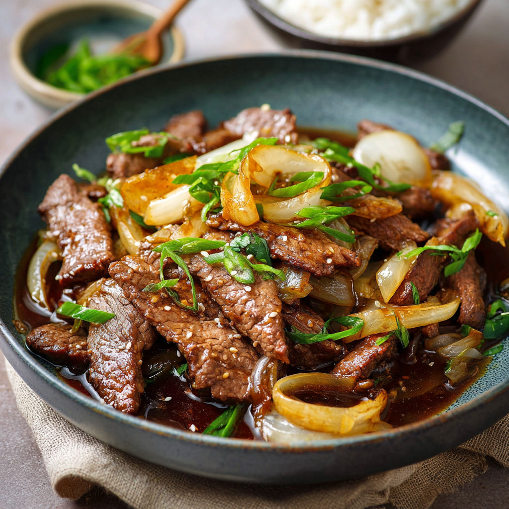 Sauté de boeuf avec des légumes verts et des onions.