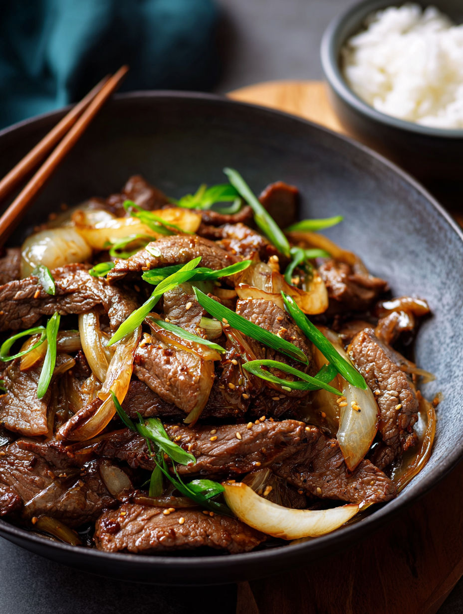 Une recette de beef and onions, servie dans un bol noir.
