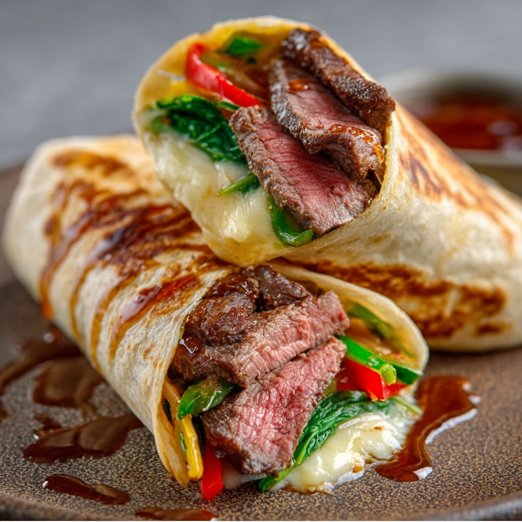 Un wrap au steak et légumes, avec une sauce au chocolat.