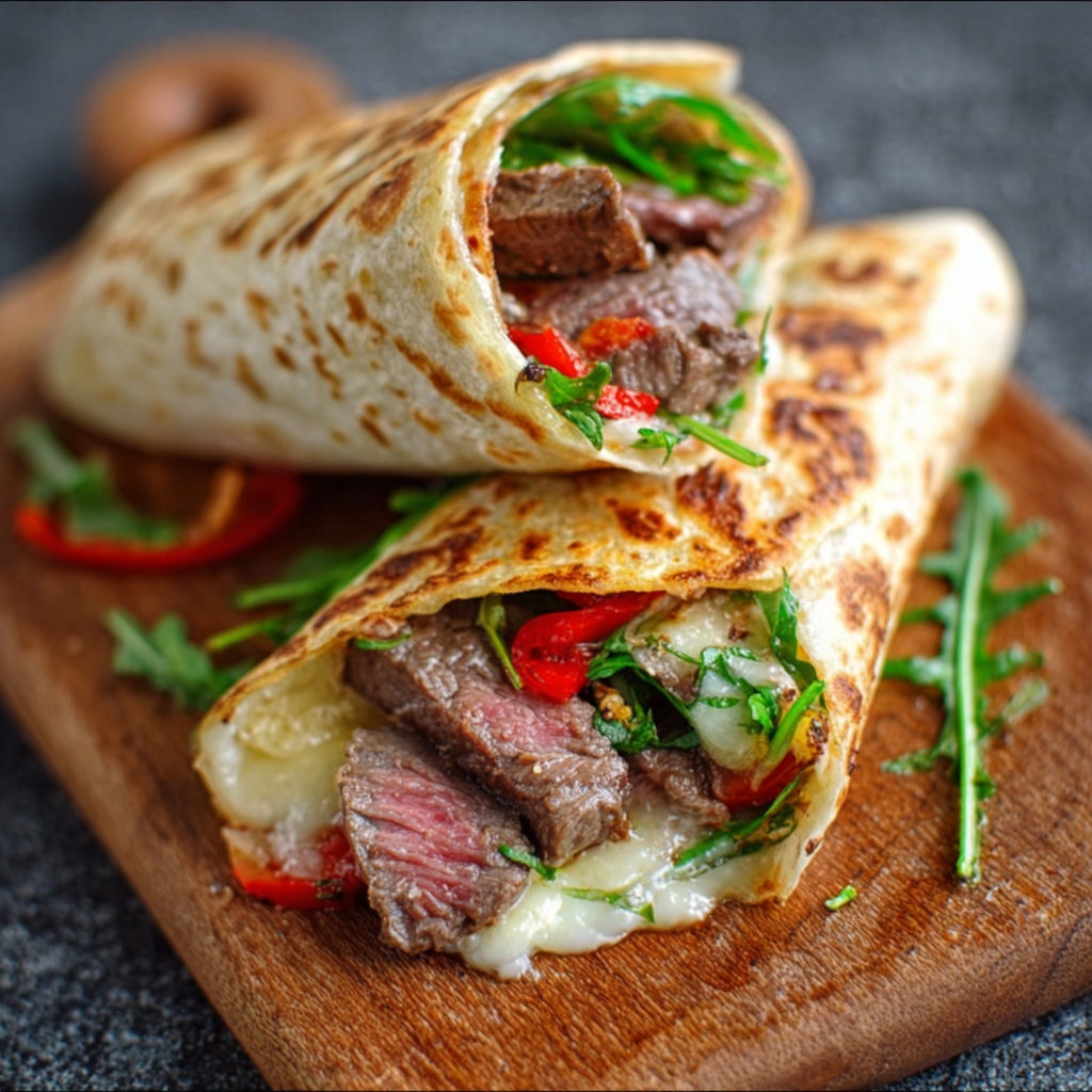Une quesadilla de steak et de laitue, avec des épinards et des tomates, est servie sur un plateau de bois.