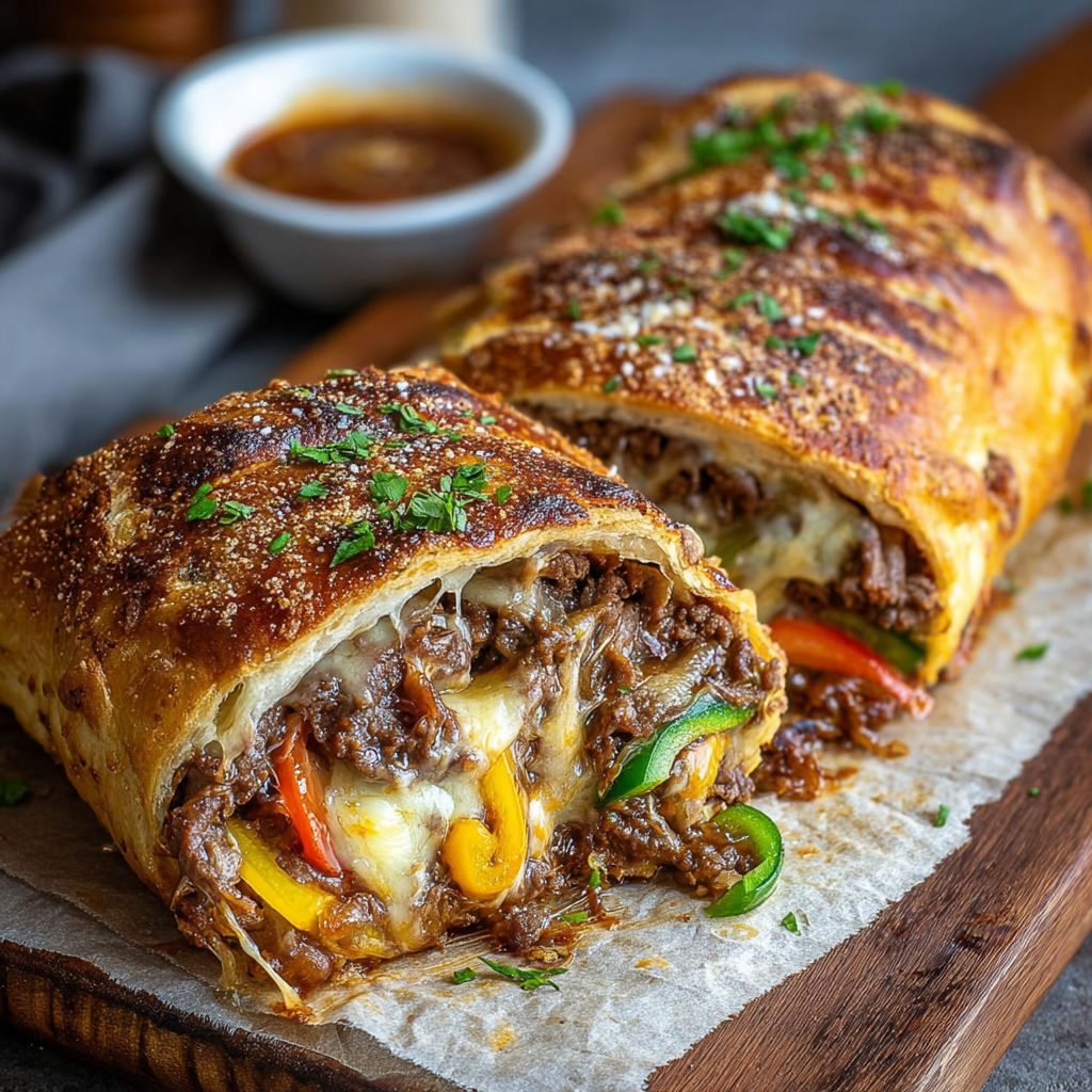 Un délicieux Stromboli Philly est servie sur une table avec une sauce et un bol.