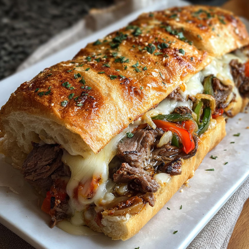 Un sandwich de steak avec des légumes et des herbes sur une plaque de verre.