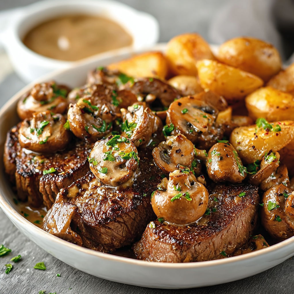 Bouchées de boeuf avec des champignons et des pommes de terre.