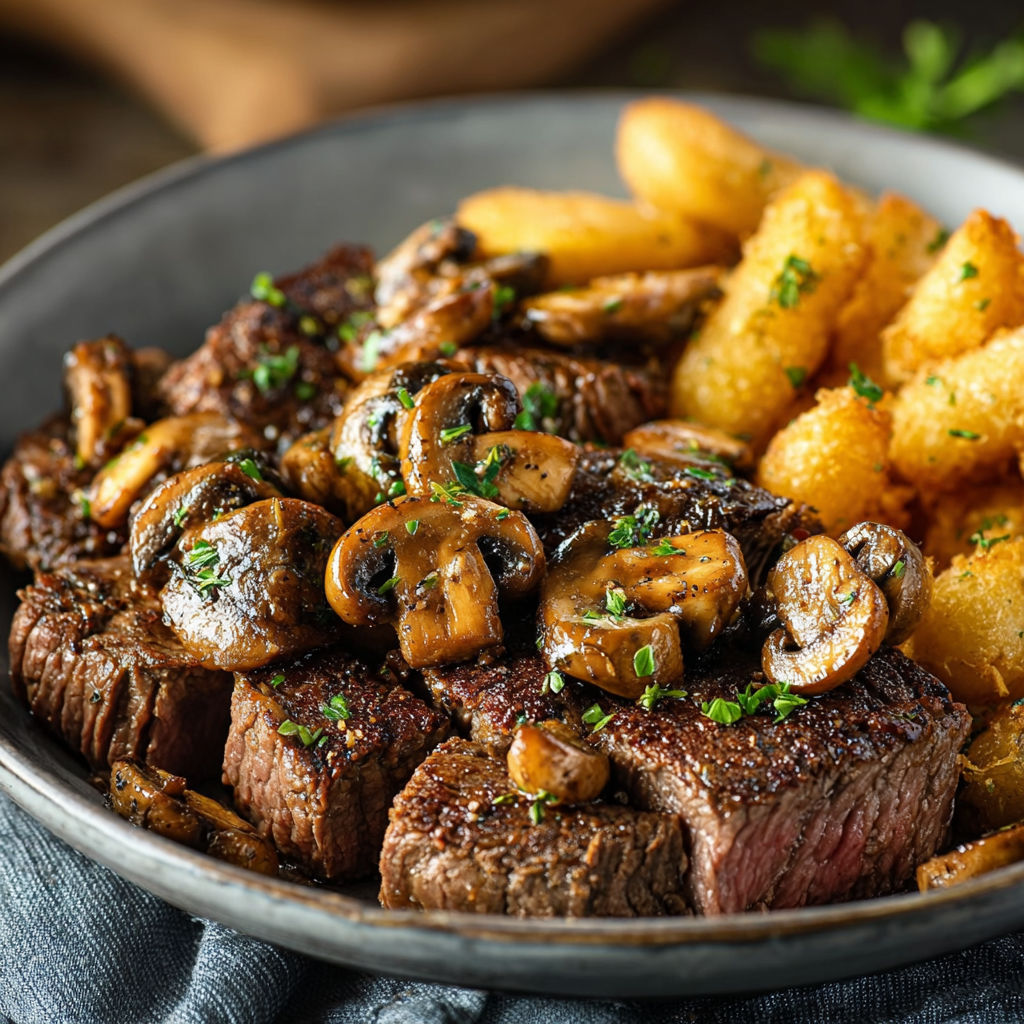 Steak avec des champignons et des pommes de terre.