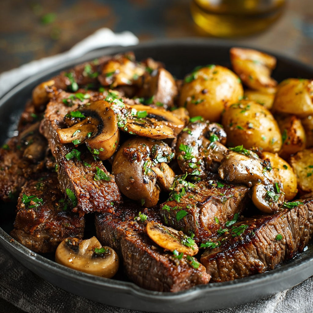 Steak au poivre avec des champignons et des pommes de terre.