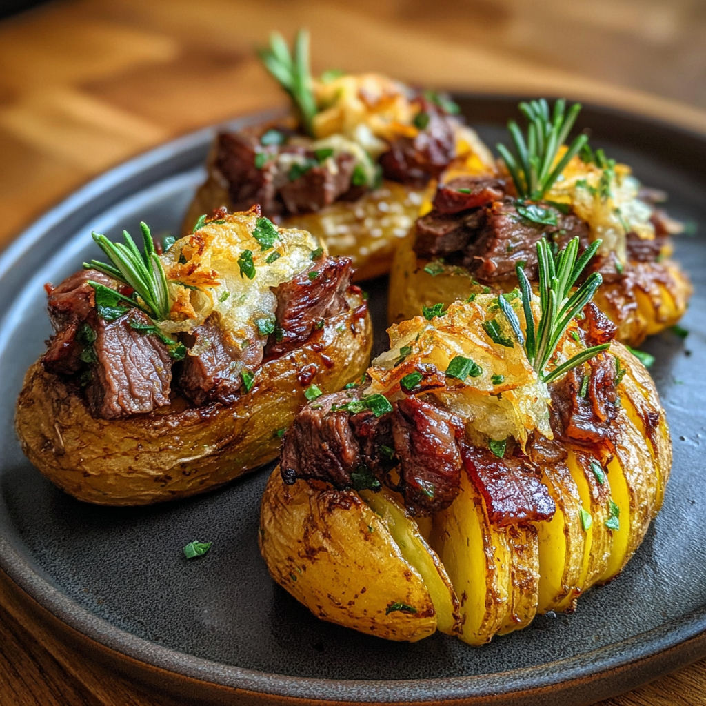 Pommes de terre farcies de viande et herbes, servis sur un plateau.
