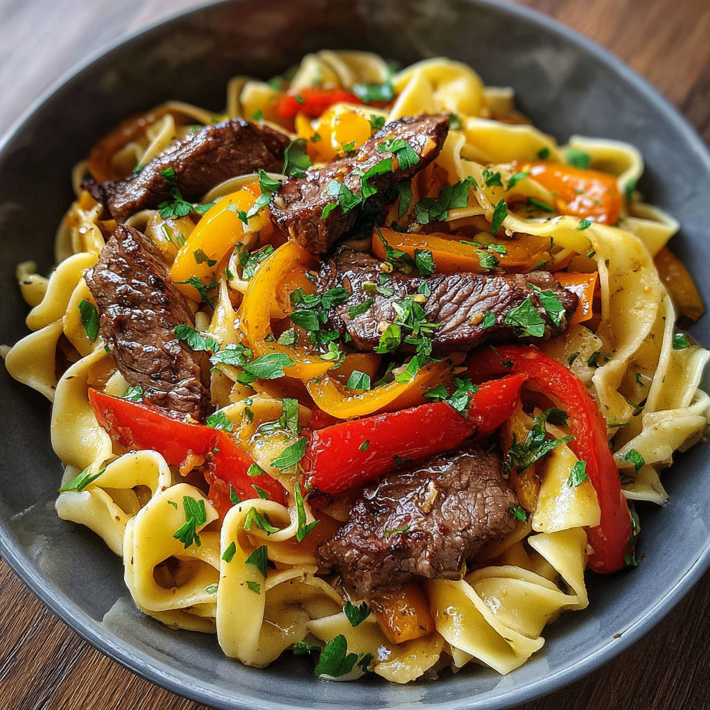 Une salade de noodles avec des légumes et des viandes.