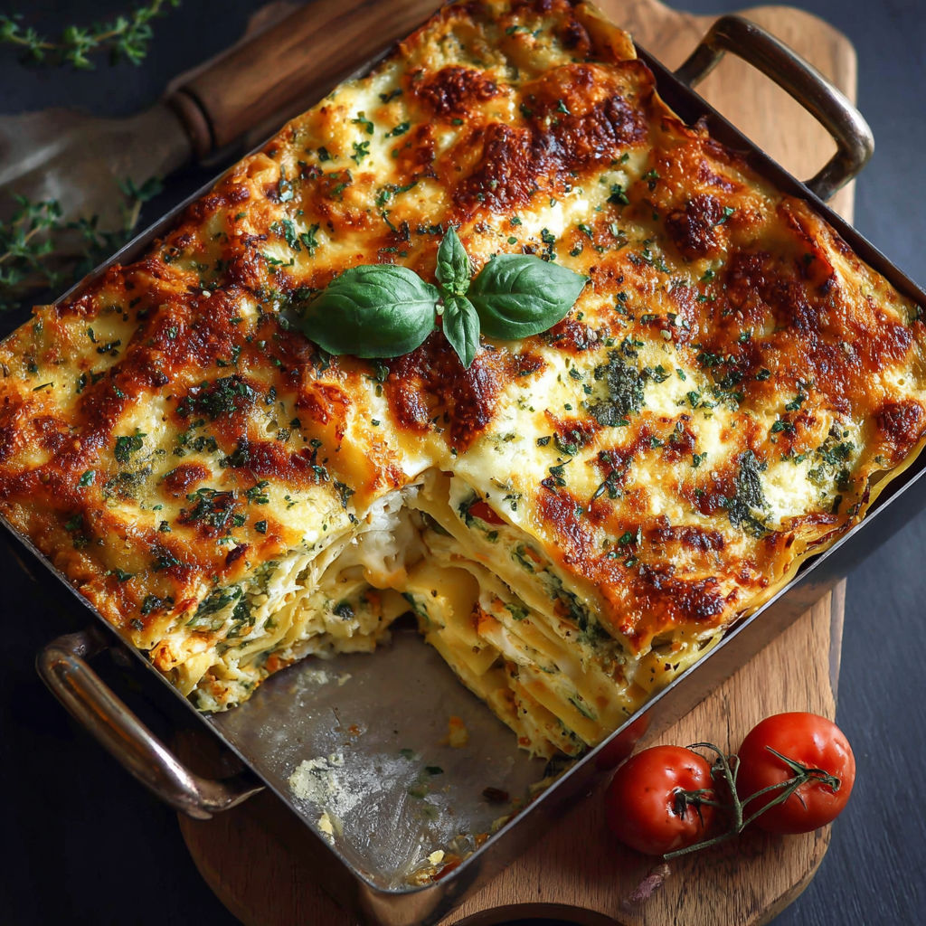 Une tarte au quark et aux herbes, servie sur un plateau en bois.