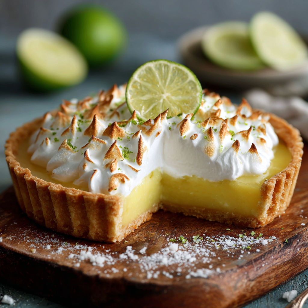 Une tarte aux citrons et à la crème, avec des limes et des limettes, est servie sur un plateau de bois.