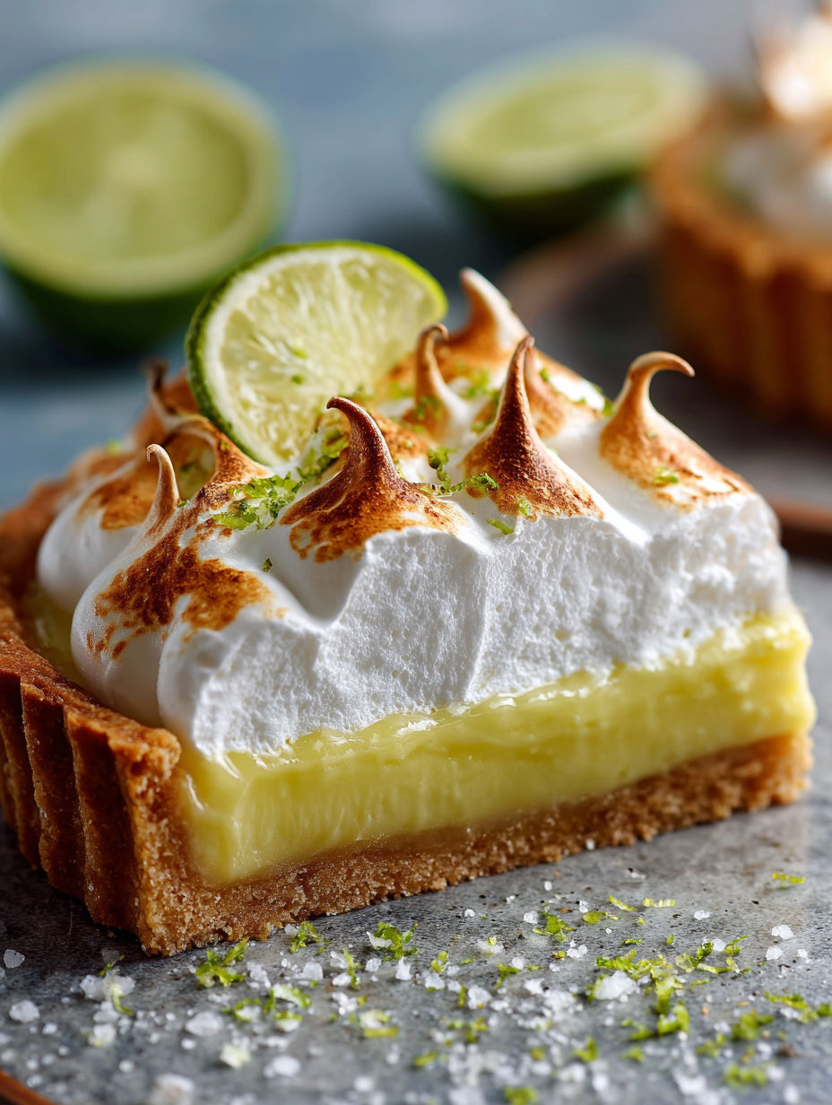 Une tarte aux citrons et à la crème, garnie de citrons verts et de limes, est servie sur un plateau.