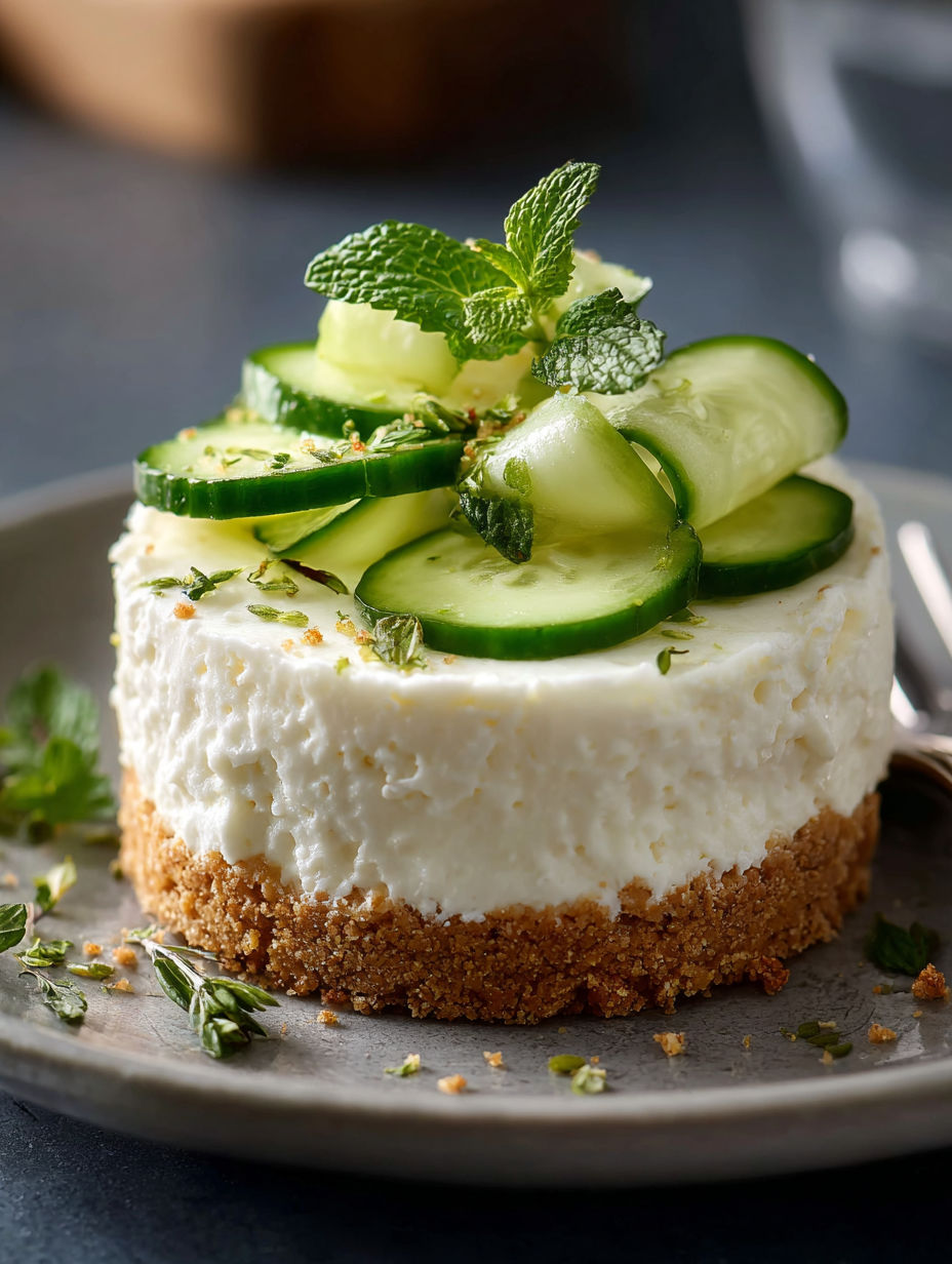 Une tarte aux cucumbers, avec une base de crème de lait et des herbes fraîches, est servie sur un plateau.