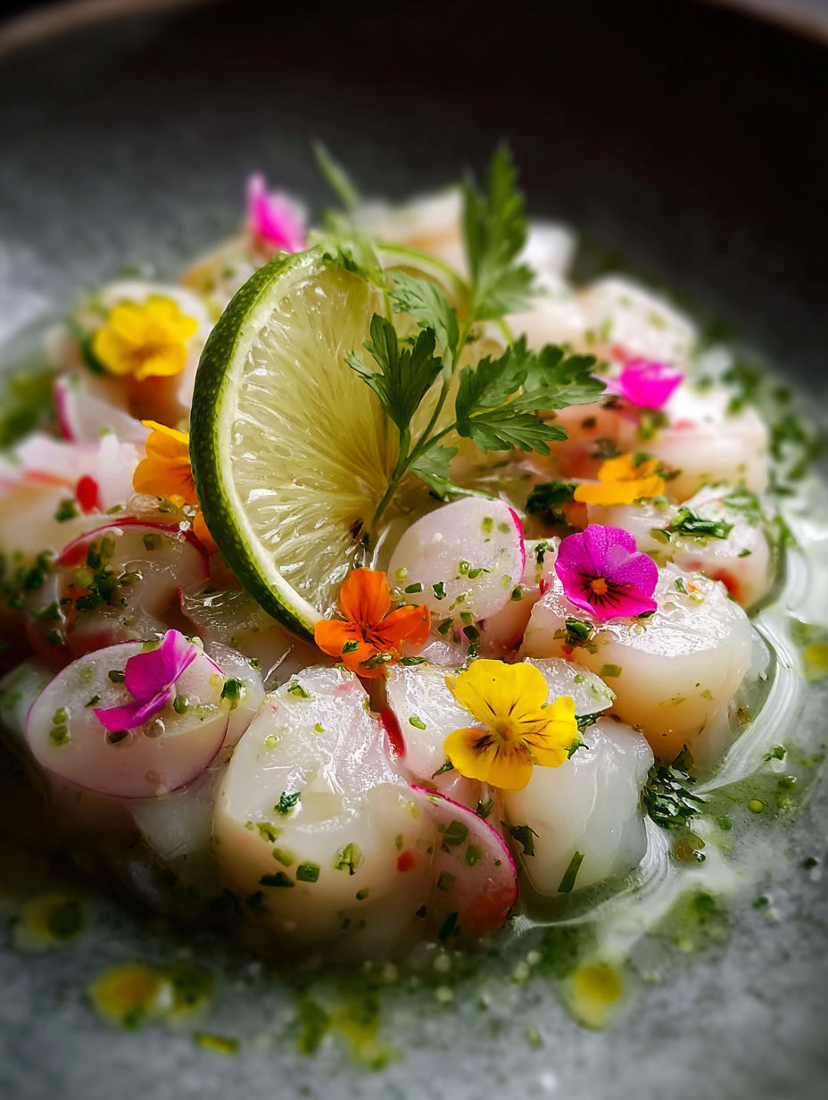Une salade de fruits de mer avec des légumes et des herbes, accompagnée d'une limette.