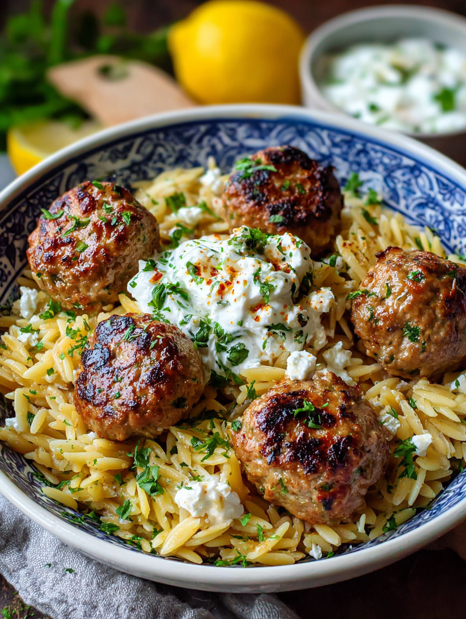 Une recette de macaroni et légumes avec des boulettes de viande et des légumes verts.