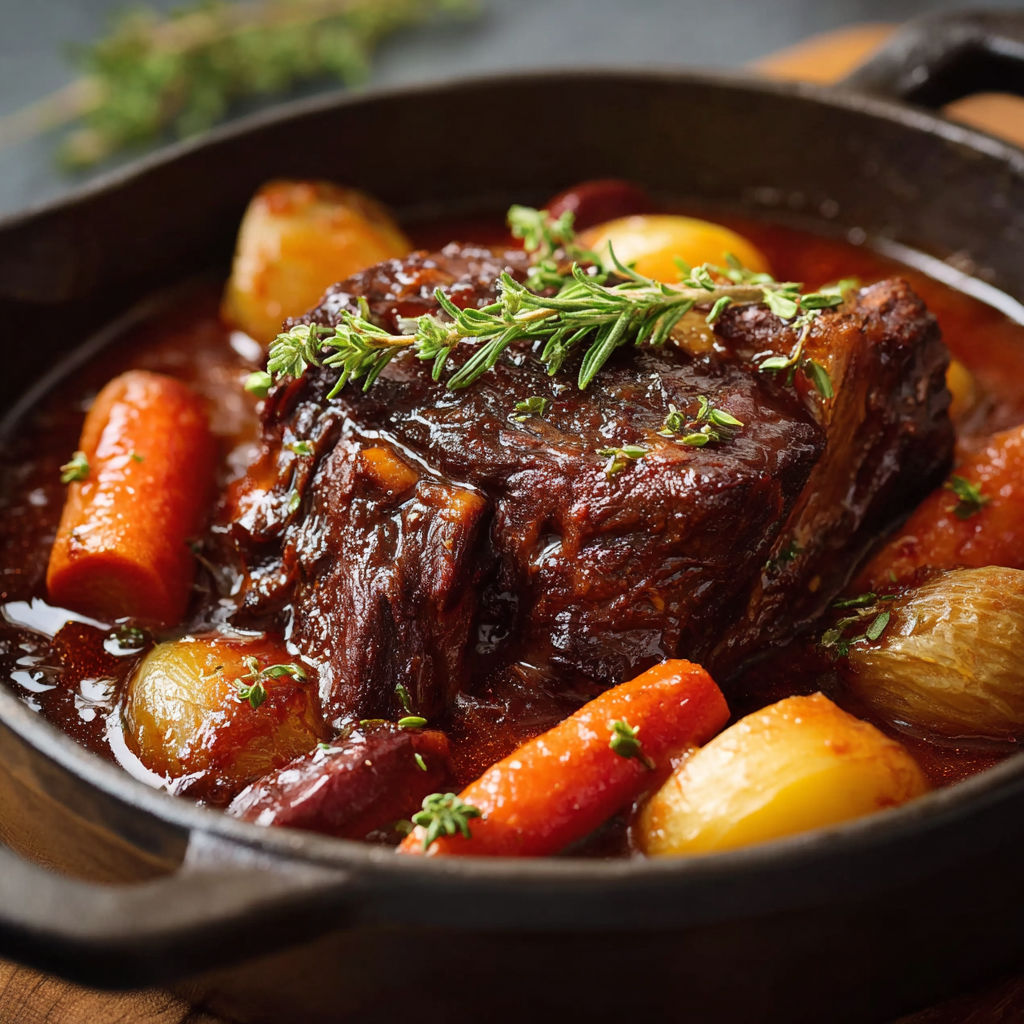 Un pot de jarret de boeuf avec des légumes et des herbes.